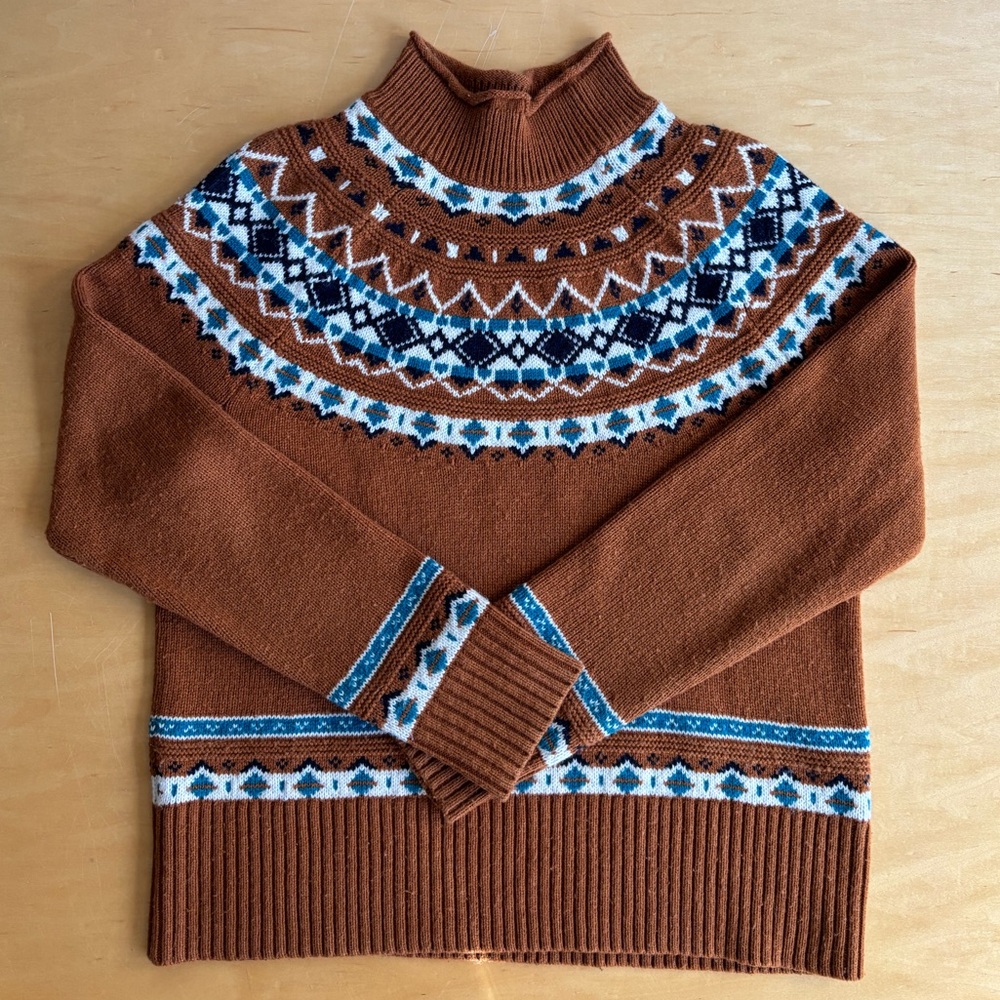 J. Crew Burnt Orange, Teal, Navy, Cream Fair Isle Mock Neck Sweater